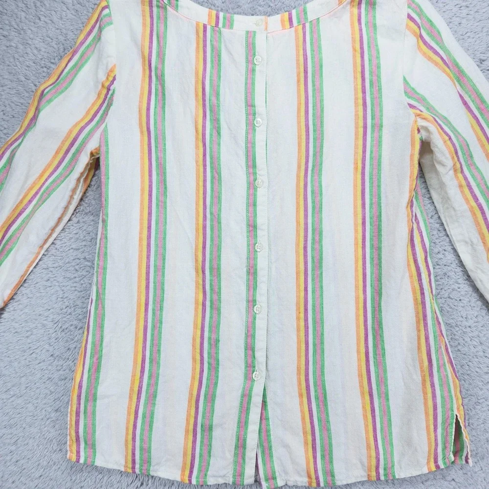 Boden Linen Tunic Blouse Womens 4 Multicolor Stripe 3/4 Sleeve Button Boat Neck - Picture 11 of 12